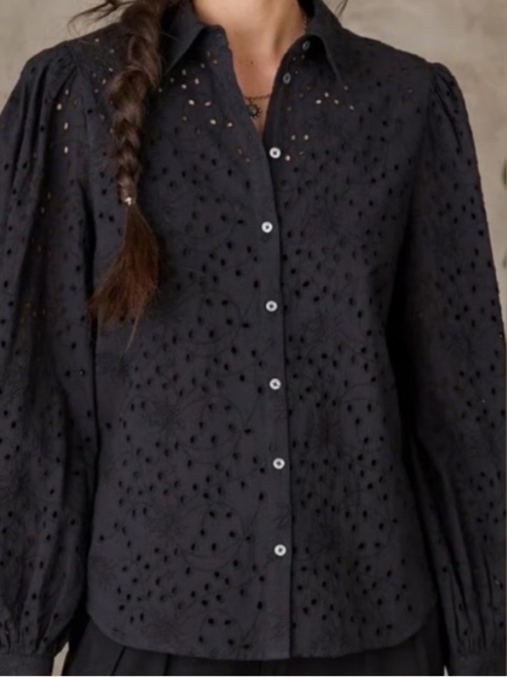 Sundace Eyelet Button Front Long-Sleeve Shirt Black Petite XXS